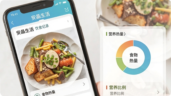 安晶生活APP饮食记录页面展示食物热量与营养比例