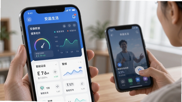 安晶生活APP主界面展示健康数据仪表盘与智能设备连接场景