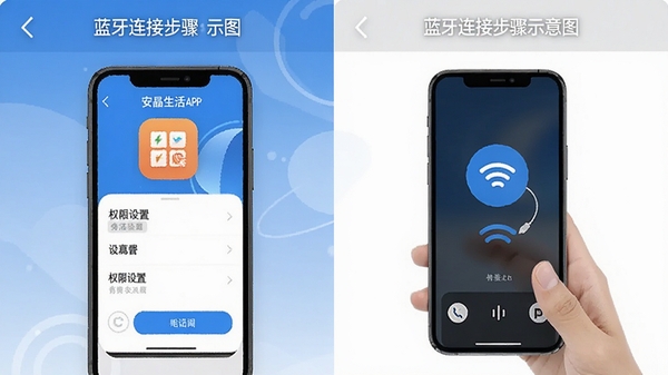 安晶生活APP权限设置界面与蓝牙连接步骤示意图