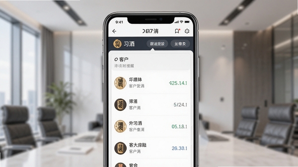 习酒营销通客户管理界面截图,手机屏幕显示客户列表和跟进提醒,背景为简洁商务风格