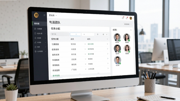 习酒营销通团队管理界面,展示任务分配列表和成员头像,办公场景
