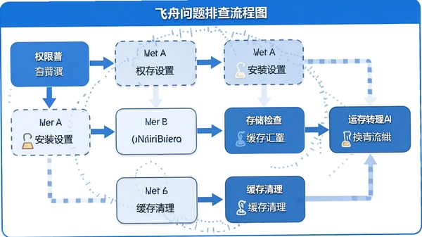 飞舟问题排查流程图,展示从安装到运行的常见问题解决步骤,包含权限设置、存储检查、缓存清理等环节,信息图风格,蓝白配色