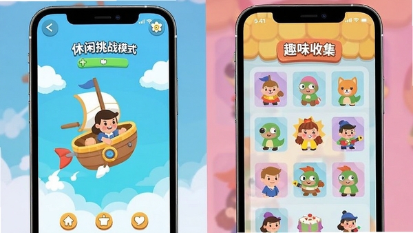 飞舟多样玩法界面拼接展示,左侧是休闲挑战模式,右侧是趣味收集界面,色彩明快活泼,扁平化设计风格,手机应用截图