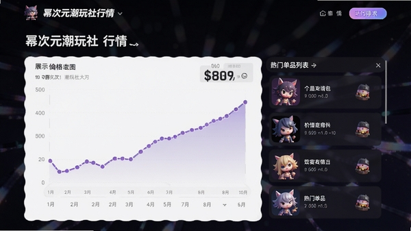 幂次元潮玩社行情页面展示价格走势图与热门单品列表