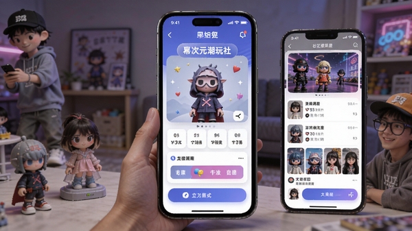 幂次元潮玩社APP首页展示潮流玩具交易与社区互动场景