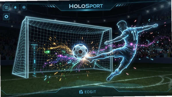 HoloSport全息运动竞技场界面,炫酷粒子特效,足球射门瞬间,未来科技风格,高清游戏截图