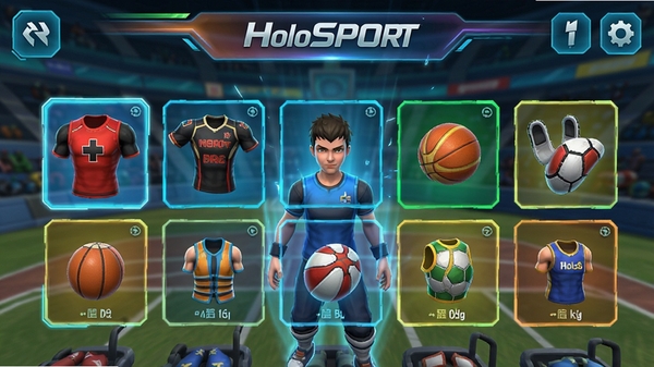 HoloSport游戏角色自定义界面,多种运动装备选择,全息风格UI,色彩鲜艳,手机游戏截图