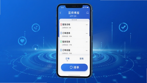 ��ʦ�������̰�APP��ҳչʾ���棬�ֻ���Ļ����ʾ�����б���ӵ���ť������Ϊ��ɫ����Ƽ����ͻ�������̽ӵ���������