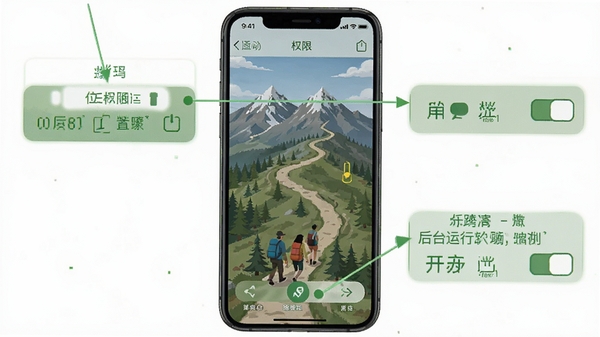 徒步轨迹软件在手机上的权限设置界面示意图,标注位置权限和后台运行权限的开启位置