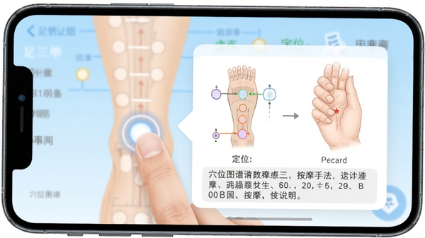 Ѩλͼ�״�ȫAPP�ƶ��˲��������ͼ��չʾ��ָ�����Ļ�ϵ�������Ѩλ������Ѩλ���鿨Ƭ��������λͼʾ�Ͱ�Ħ�ַ�˵�����ֻ���������������Ϊ����ɫ���䣬ҽѧ�������