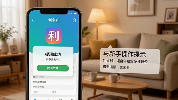 利多利app返利到账截图与新手操作提示,手机界面显示提现成功弹窗,背景为温馨的家居环境
