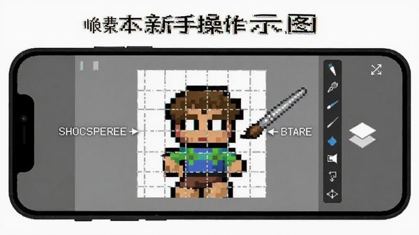 像素本新手操作示意图,手机屏幕显示像素画绘制步骤,标注网格、画笔、图层等工具位置,简洁教程风格