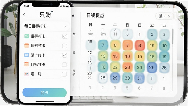 只盼软件界面展示,手机屏幕中显示每日目标打卡清单与日历热力图,风格清新简洁,突出只盼应用名称与打卡按钮