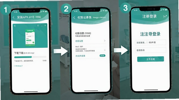 18区中医诊所App移动端使用教程图解,展示手机安装APK文件的步骤截图,包括下载进度条、权限设置界面、注册登录页面,画面中有清晰的步骤编号和箭头指引,整体风格为手机屏幕截图拼接教程图,色调以青绿色和白色为主