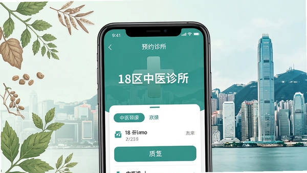 18区中医诊所App主界面展示,手机屏幕中呈现中医诊所预约挂号页面,背景为淡雅的中医草本元素与香港城市天际线融合,整体色调以青绿色和白色为主,突出医疗健康App的简洁专业感,画面中央有“18区中医诊所”文字标识,风格为扁平化UI设计展示图