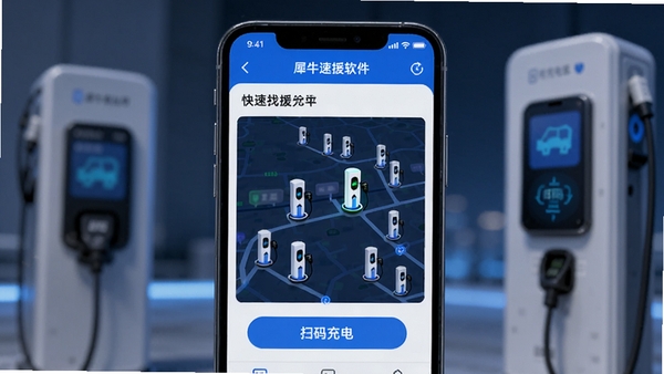 展示犀牛速援软件主界面,手机屏幕显示附近充电桩地图分布,界面简洁,配色以蓝白为主,突出快速找桩与扫码充电功能,整体风格现代科技感,适合作为软件介绍配图