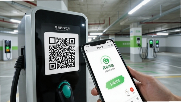 生成一张犀牛速援软件扫码充电功能特写图,手机镜头对准充电桩二维码,屏幕显示充电启动成功界面,背景为地下停车场充电站,光线明亮,突出便捷操作感