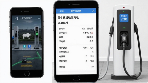 展示犀牛速援软件充电订单详情页面截图,包含充电时长、电量、费用明细,界面清晰,旁边配以手机和充电桩元素,风格简洁实用