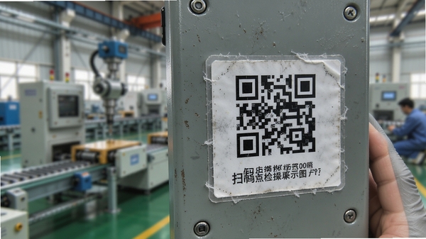 生产线设备档案管理系统 手机扫码点检操作示意图 工厂设备二维码标签特写