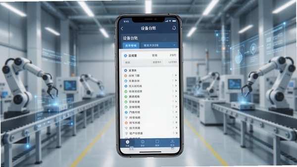 生产线设备档案管理系统 手机端设备台账列表界面 现代工厂车间背景 数字化管理概念图