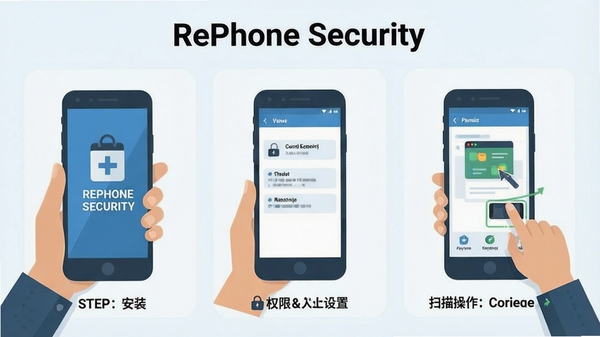 RePhone Security���ֻ��ϵ�ʹ�ý̳�ʾ��ͼ��������װ���衢Ȩ�����á�ɨ������Ȼ��棬��ƽ����Ʒ��