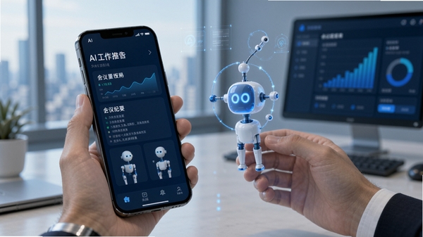 AI�ܲ��������ܰ칫����չʾ���ֻ���Ļ��ʾAI�Զ����ɹ�������ͻ����Ҫ���������ִ����Ƽ�����ɫ����ͻ���˹��������ָ���