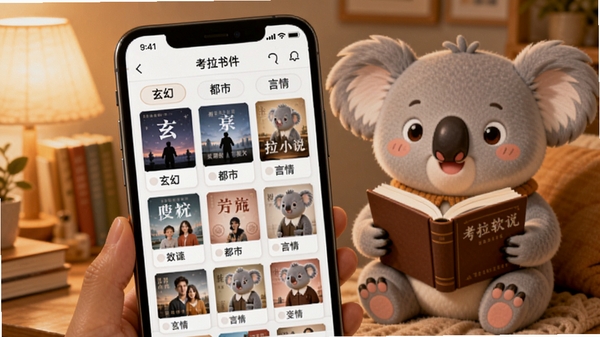 考拉小说软件内海量书籍分类界面展示,温馨阅读氛围,手机屏幕中呈现玄幻、都市、言情等书架分类,背景有可爱考拉吉祥物捧着书本,整体色调温暖舒适