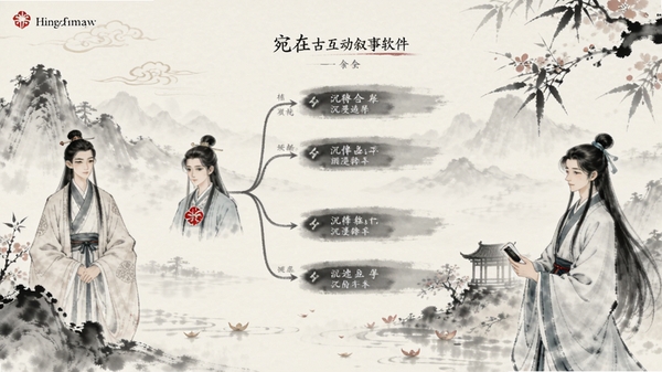宛在古风互动叙事软件主界面展示,唯美水墨风格背景,角色立绘精致,画面中央显示剧情选择分支,整体色调柔和典雅,突出沉浸式阅读氛围