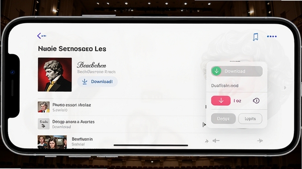 Apple Music �ŵ����ƶ��˲��������ͼ��չʾ�û�������������ר��ҳ�棬������Ŀ�б������ذ�ť������ѡ��˵����ֻ�����չʾ������Ϊ��ɫ���������