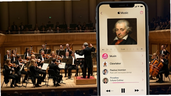 Apple Music �ŵ���Ӧ�ý���չʾ���ֻ���Ļ�ϳ��ֹŵ����ֲ��Ž��棬�����ǽ����������໭�棬��ɫ������ɫ�����䣬���������ţ�ͻ��������ͷ������Ŀ�б��������Ʒ��Ⱦ���