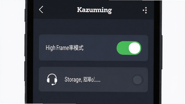手机屏幕显示Kazuming游戏设置界面,高帧率模式开关被点亮,旁边有耳机图标和存储空间提示,扁平化设计风格