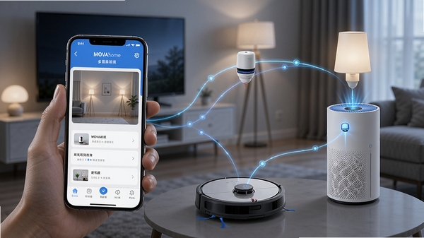 MOVAhome���豸����������չʾ�ֻ�APP��ɨ�ػ����ˡ������������ܵ�ͬʱ���߲�ִ�г�������Ľ��棬�������ж�̬����������ʾ�豸�������ִ��Ƽ����