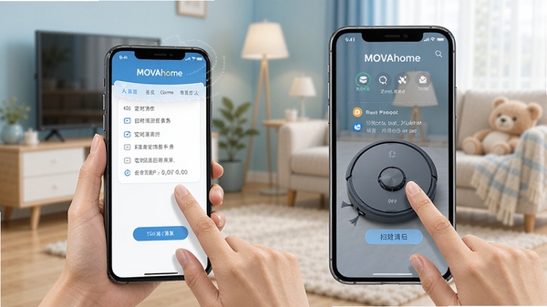 MOVAhome�ֻ��˲���ʾ��ͼ��չʾ�û����ֻ�������ɨ�ػ����˶�ʱ��ɨ����Ĳ������棬����������ָ�����Ļ�Ķ���������Ϊ��ܰ�Ҿӻ�����ǳ��ɫ��