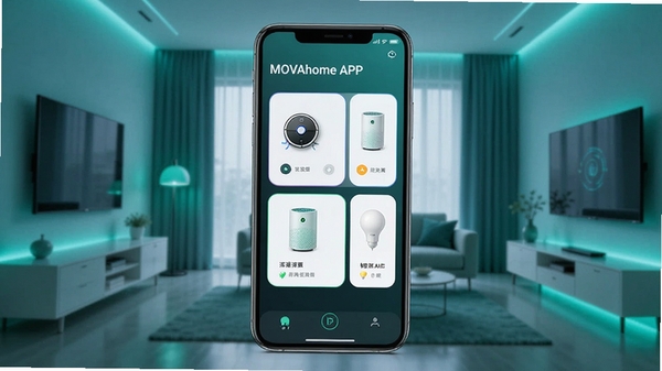 MOVAhome APP����չʾ���ֻ���Ļ����ʾ���ܼҾ��豸������壬����ɨ�ػ����ˡ����������������ܵƾߵĿ�Ƭʽ���ƽ��棬����Ϊ�ִ���Լ�Ҿӻ���������ɫ�����Ƽ���ʮ��