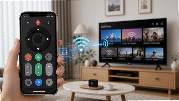 ͨ��ң��������WiFiң�ع�����ʾ���ֻ������ܵ���ͨ�������������ӣ�������ʾ�ֻ����Ƶ��ӻ�̨���Ƽ������������豸