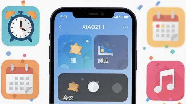 С��XIAOZHI���ܳ�����������ʾ�⣬�ֻ���Ļչʾͨ�ڡ�˯�ߡ�����ģʽ�л���Ƭ����Χ�������ӡ�����������ͼ�꣬��ƽ���廭���
