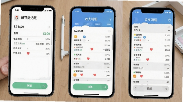 糖豆微记账手机界面展示,简洁记账首页,收支明细清晰可见
