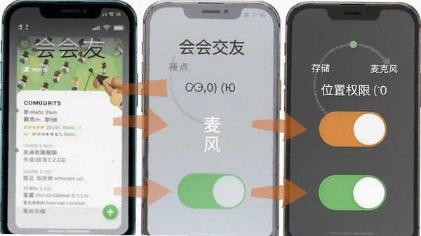 会会交友安卓手机权限设置示意图,展示存储、麦克风、位置权限开关,带有箭头指引