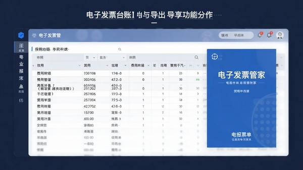 电子发票报销管家生成报销台账与导出分享功能的操作界面展示,突出费用明细表格与报销单封面预览