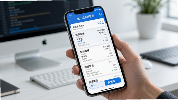 电子发票报销管家手机应用界面展示,发票自动识别与报销台账管理场景,现代办公风格,蓝白配色,清晰展示发票列表与报销单生成功能