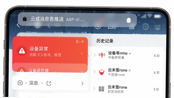 �ƺ�ѩAPP�澯��Ϣ���ͽ��棬չʾ�豸�쳣֪ͨ��Ƭ����ʷ��¼�б�����ɫ��ʾ��ʶ��Ŀ���ֻ�֪ͨ�����