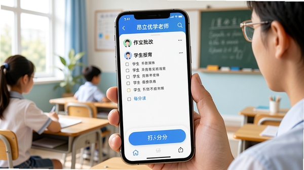 ������ѧ��ʦAPP��ҵ���Ľ��棬��ʦ�ֻ���Ļ����ʾѧ���ύ����ҵ���ְ�ť����������������ɫ��