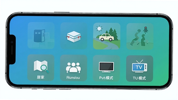Techmi App�ೡ��ģʽ�л����棬չʾ�Ӽҡ����⡢���顢��������ģʽͼ�꣬��ƽ����ƣ����̽�����ɫ���ֻ���Ļչʾ