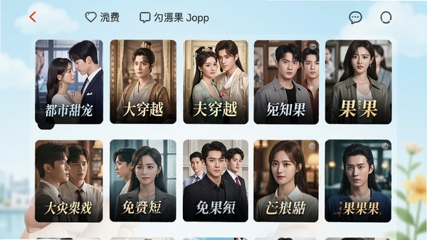 免费短剧看果果APP主界面展示,手机屏幕中呈现短剧封面瀑布流,都市甜宠、古装穿越等剧目海报排列整齐,背景明亮清新,突出免费观看与海量资源特点