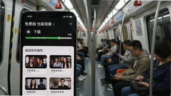 免费短剧看果果离线缓存功能演示,手机界面显示下载进度条与已缓存剧集列表,背景为地铁车厢场景,突出无网络也能观看的便捷性