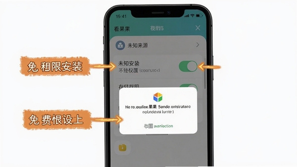 免费短剧看果果安装权限设置示意图,手机屏幕显示未知来源安装权限开关与存储权限弹窗,界面简洁明了,标注关键操作步骤