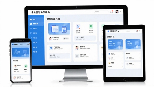 宁教智慧教学平台界面展示,教师端课程管理页面,清新蓝白配色,简洁卡片式布局,手机与平板多端适配效果图