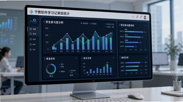 宁教软件学习记录统计界面,数据图表可视化展示,学生参与度分析,现代化教育科技风格