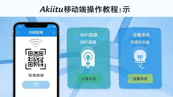 Akiitu移动端操作教程示意图,手机屏幕展示智能家居设备添加流程,包含扫码配网、WiFi连接、设备命名等步骤,画面清晰直观,适合新手用户参考学习