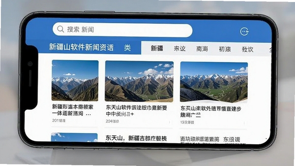 东天山软件新闻资讯界面截图,手机屏幕显示新疆本地新闻列表,顶部有搜索栏和频道分类,界面清爽,配色以蓝色和白色为主